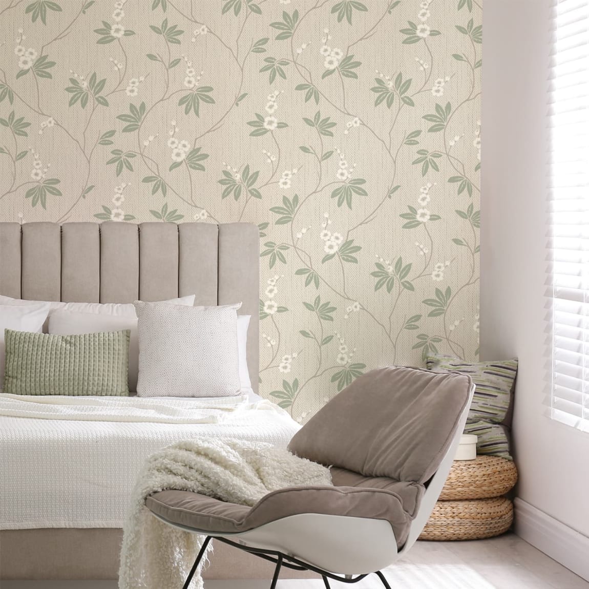 Amelie Blossom Beige & Green Wallpaper