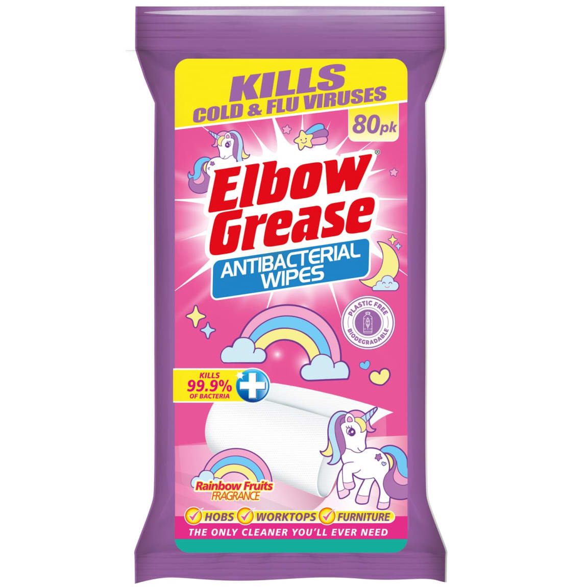 Elbow Grease Anti-Bacterial Wipes 80pk - Unicorn Edition Rainbow Fruits