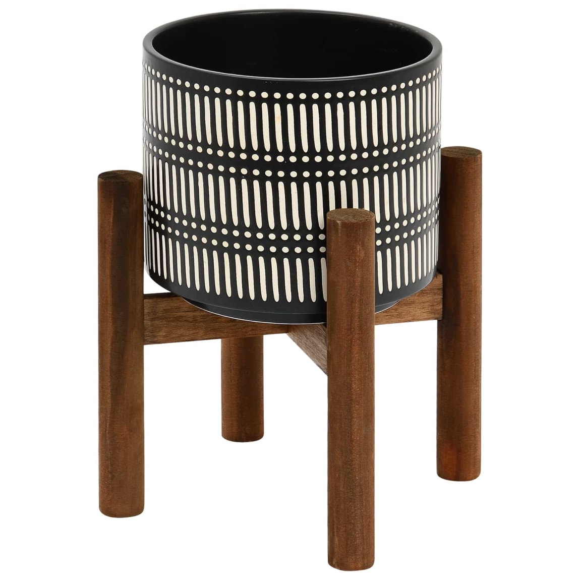 Palm House Ceramic Planter On Wooden Stand - Black